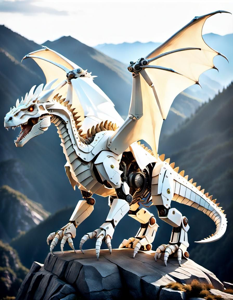 Mechanical Dragon Perched on Misty Mountain