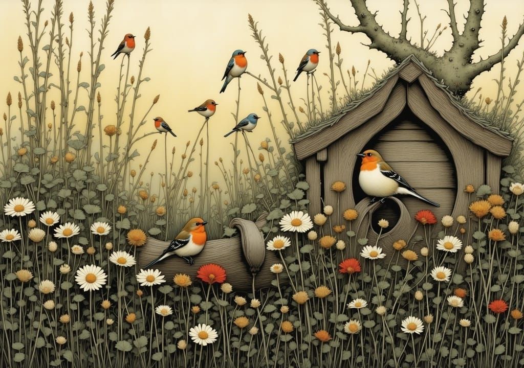 House Sparrows in Evening Light, Watercolour Art