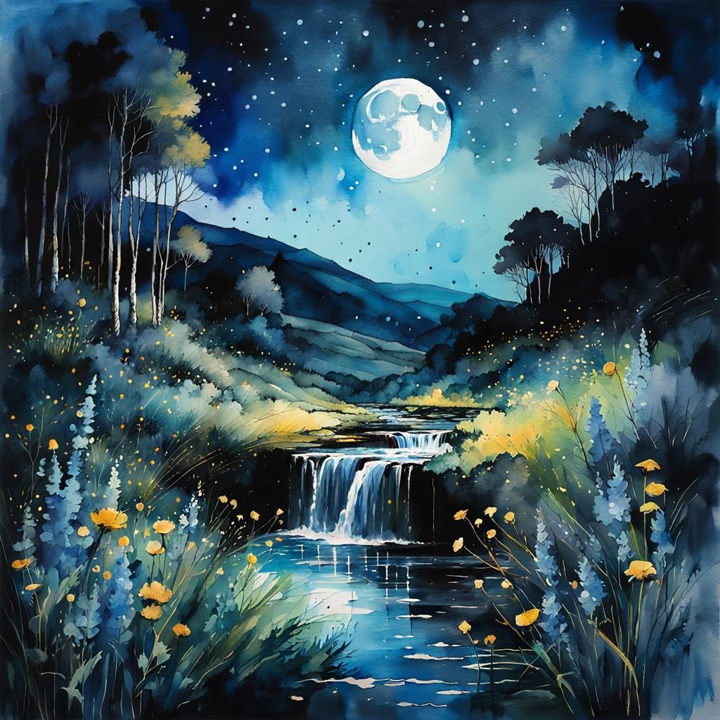 Blue Summer Landscape Under Night Sky