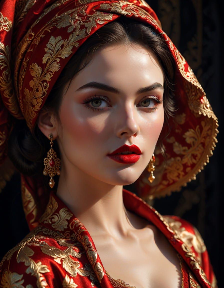 Regal Brocade Goddess in Crimson Splendor