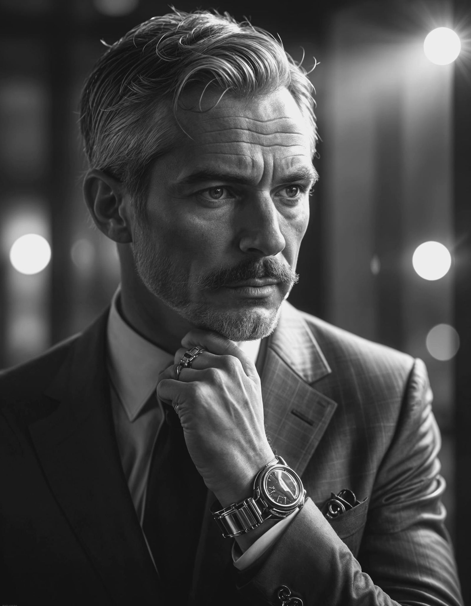 Powerful Grey-Eyed Businessman in Noir-Inspired Greyscale