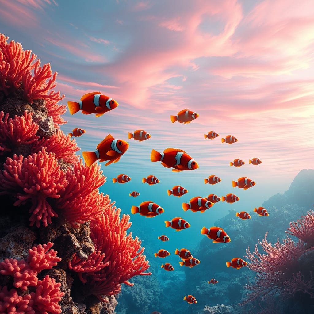 Vibrant Coral Reefs in a Surreal Sunset Landscape