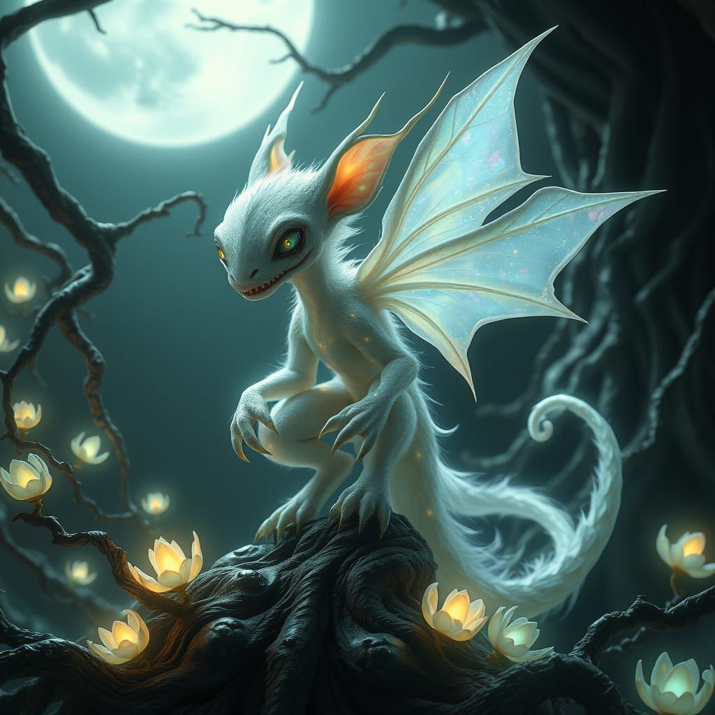 Ethereal Moonlit Creature in Iridescent Fur, Amidst Twisted ...