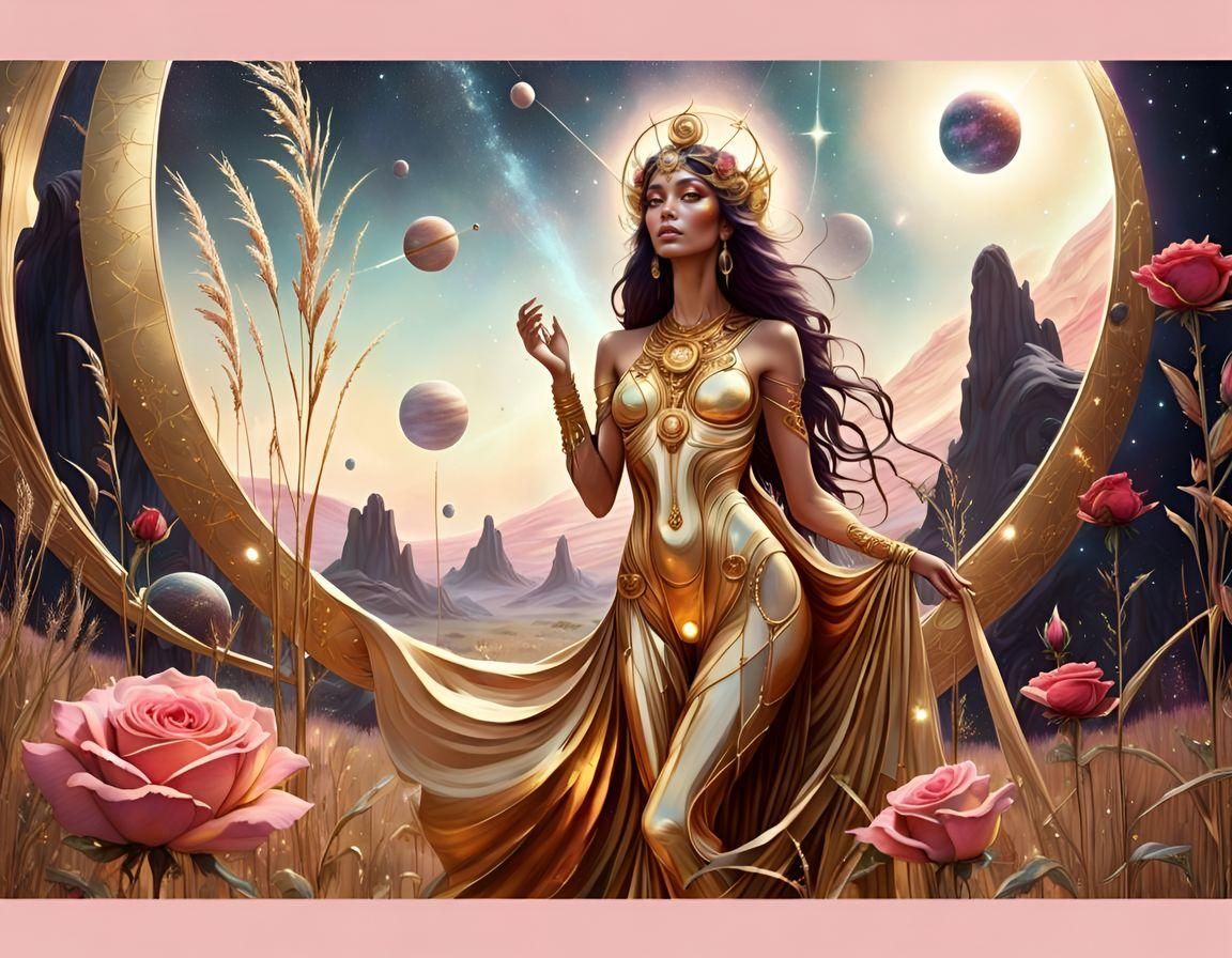 Cosmic Goddess in Gold with Planets and Roses