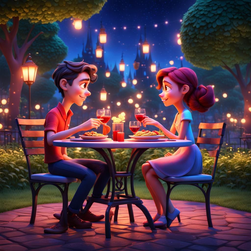 Romantic Dinner in Park: Pixar-Style 3D Art