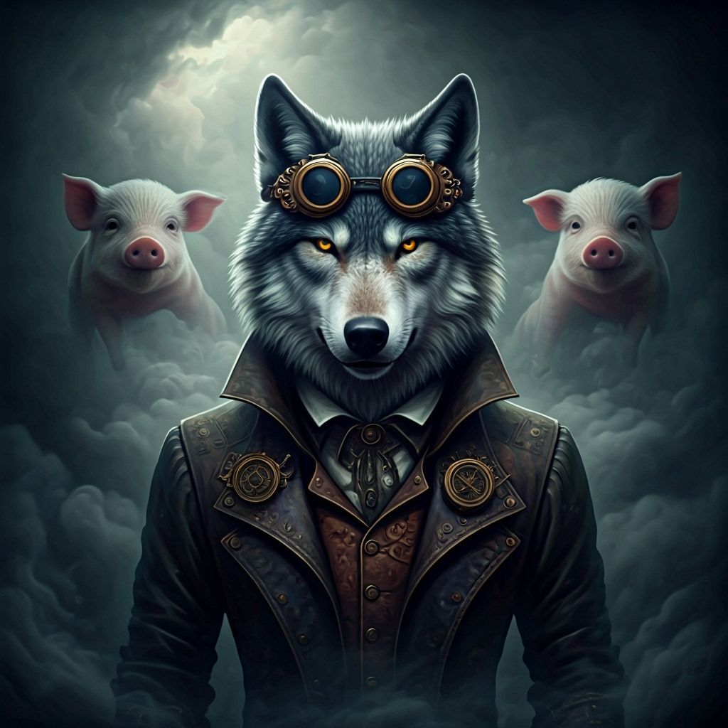 Steampunk Wolf with Piglets in Double Exposure