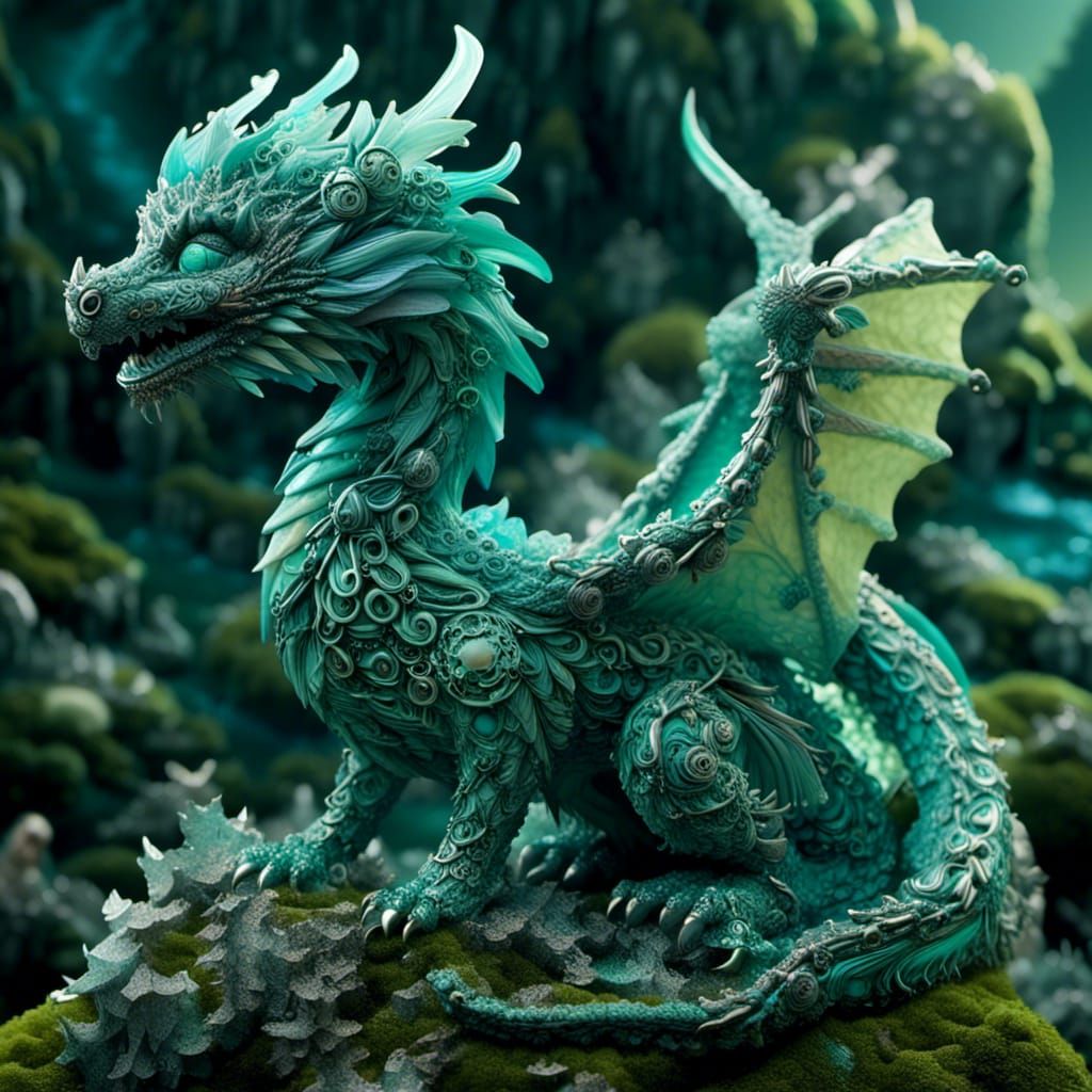 Psychedelic Fractal Dragon on Mossy Rocks