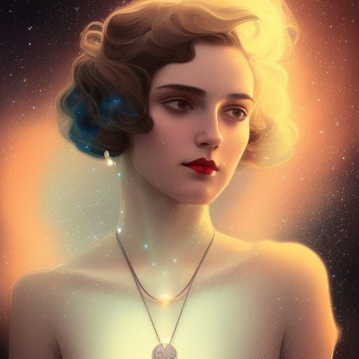 Art Deco Woman with Star Dress in the Clouds