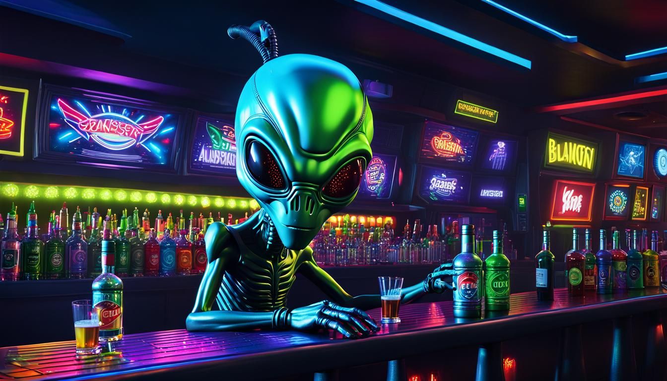 Alien Bartender in Nightclub, Neo-Impressionist Digital Art
