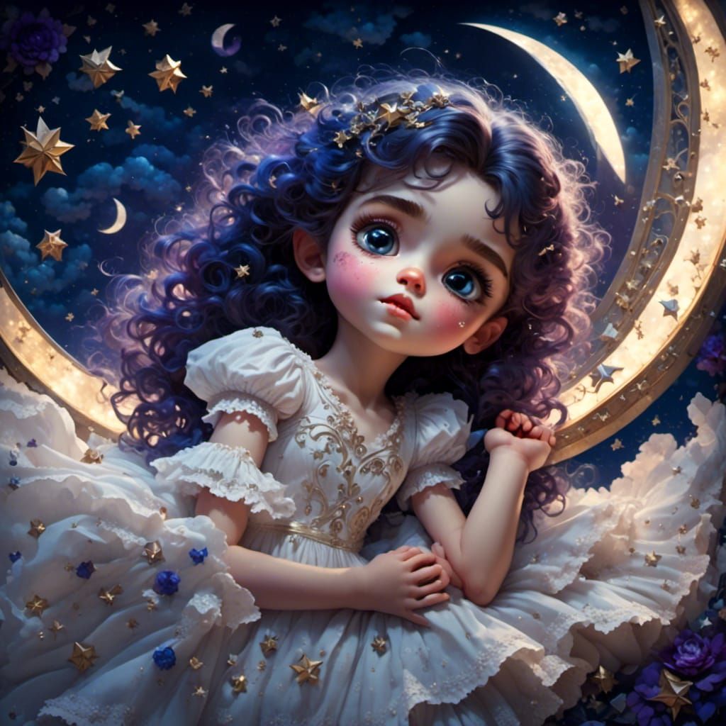 Girl Sleeping in Crescent Moon with Stars