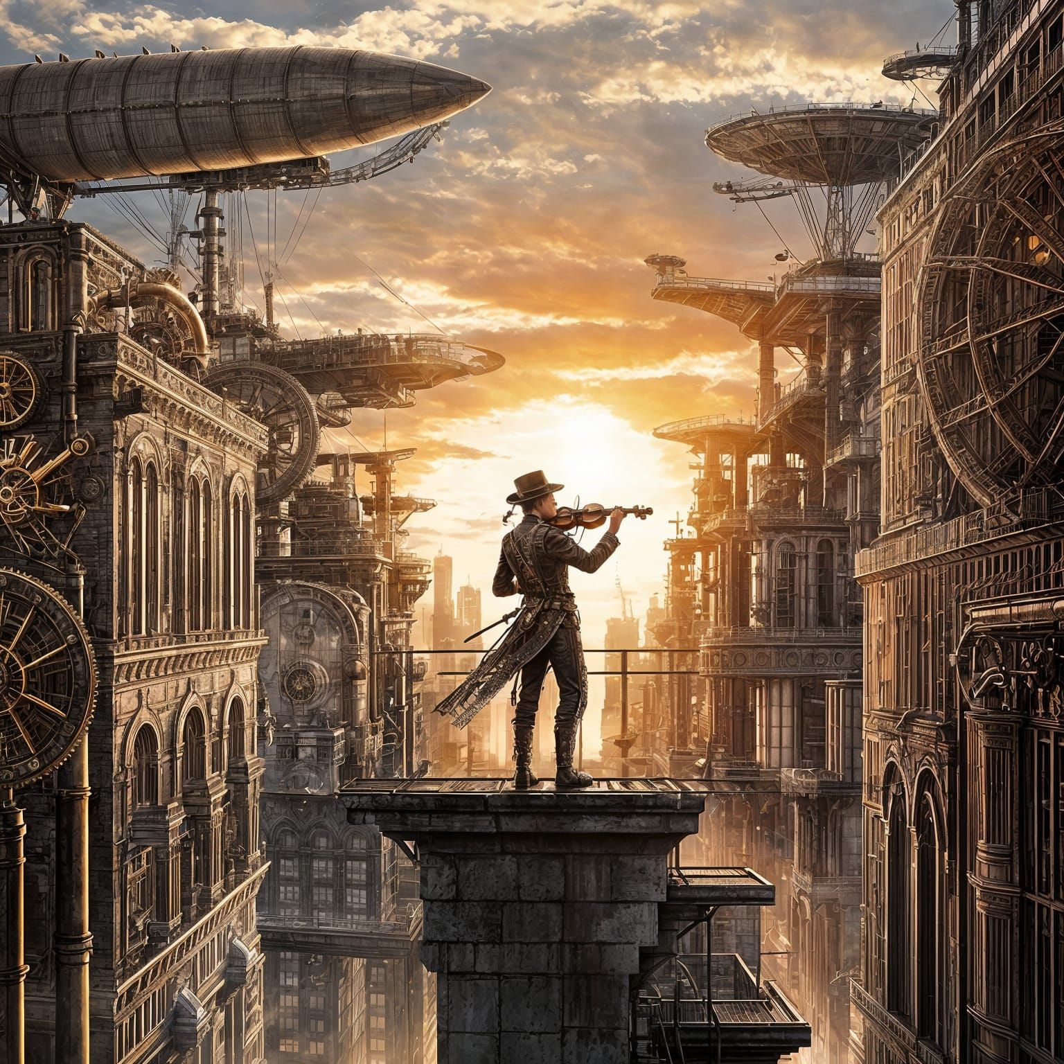 Steampunk City Rooftop Violinist at Dusk