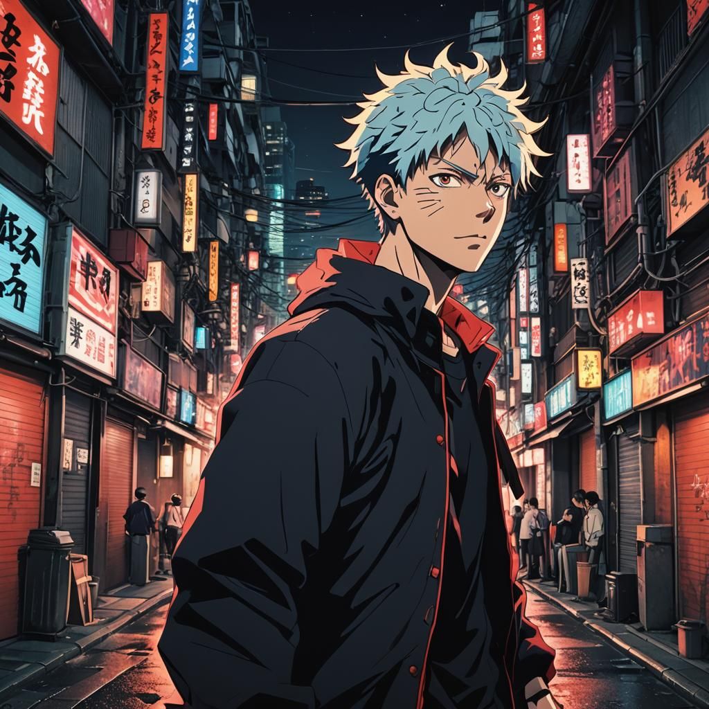 Satoru Gojo in a Neon Tokyo Alleyway