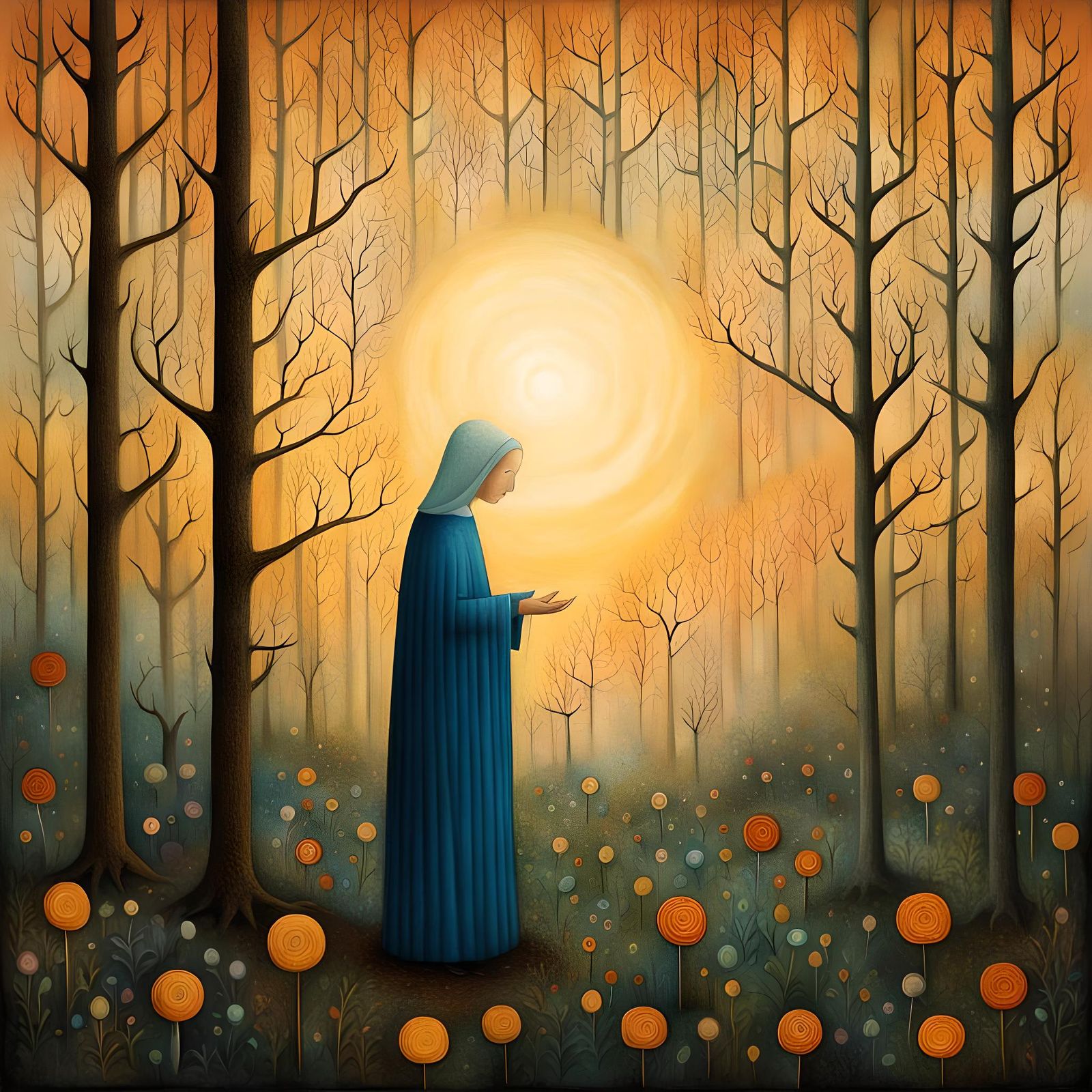 Sunrise Forest Scene Inspired by Fra Angelico