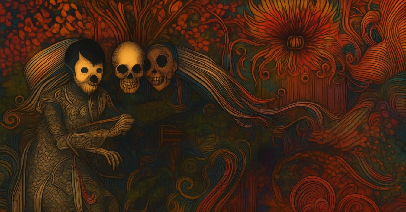 Fused Figures in Ominous Iridescent Ink Drawing