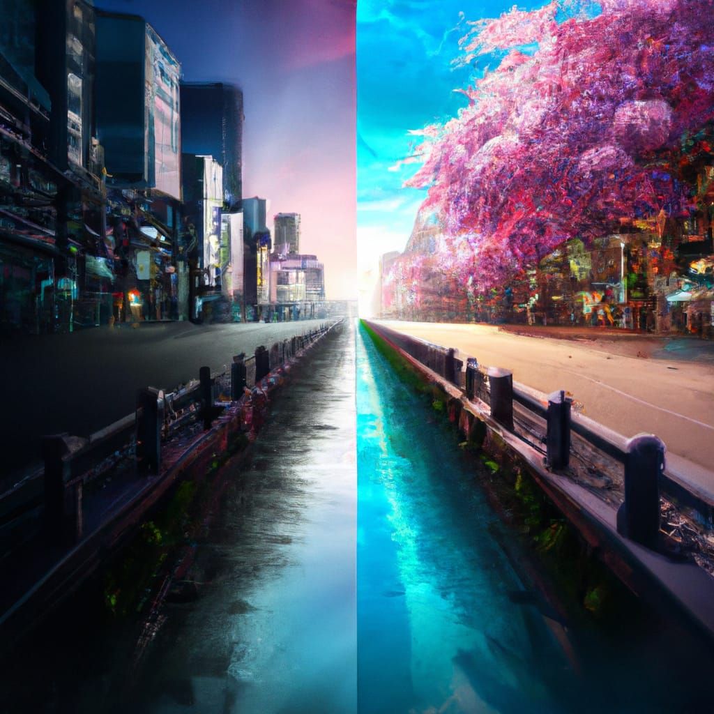 Cyberpunk City Divided by Day and Night