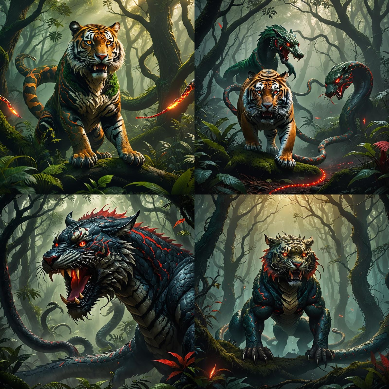 Tiger-Snake Hybrid Creature in Forest: Fantasy Concept Art