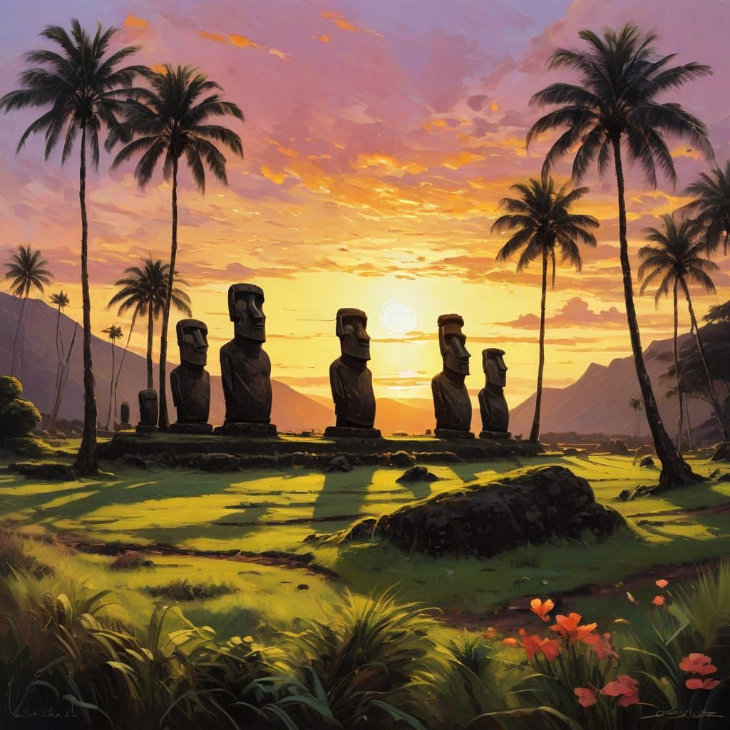 Vibrant Easter Island Sunset with Moai Statues in Impasto Oi...