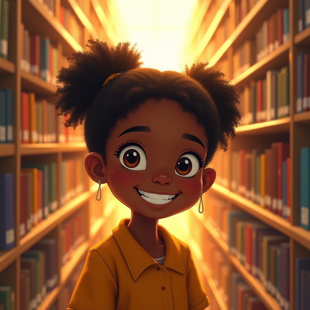 Joyful Black Girl Surrounded by Books in School Library