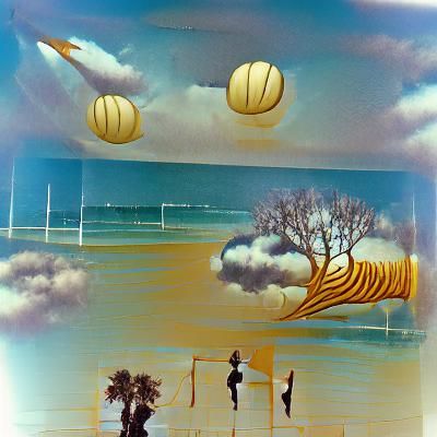 Art Deco Beach Scene with Giant Fish