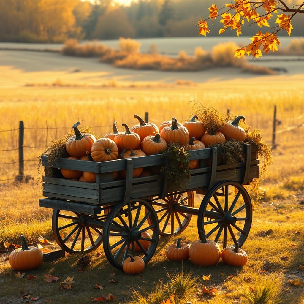 Rustic Autumn Scene with Pumpkins in Painterly Style