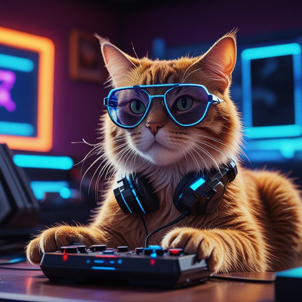 Gamer Cat Influencer in a Sci-Fi Gaming Room