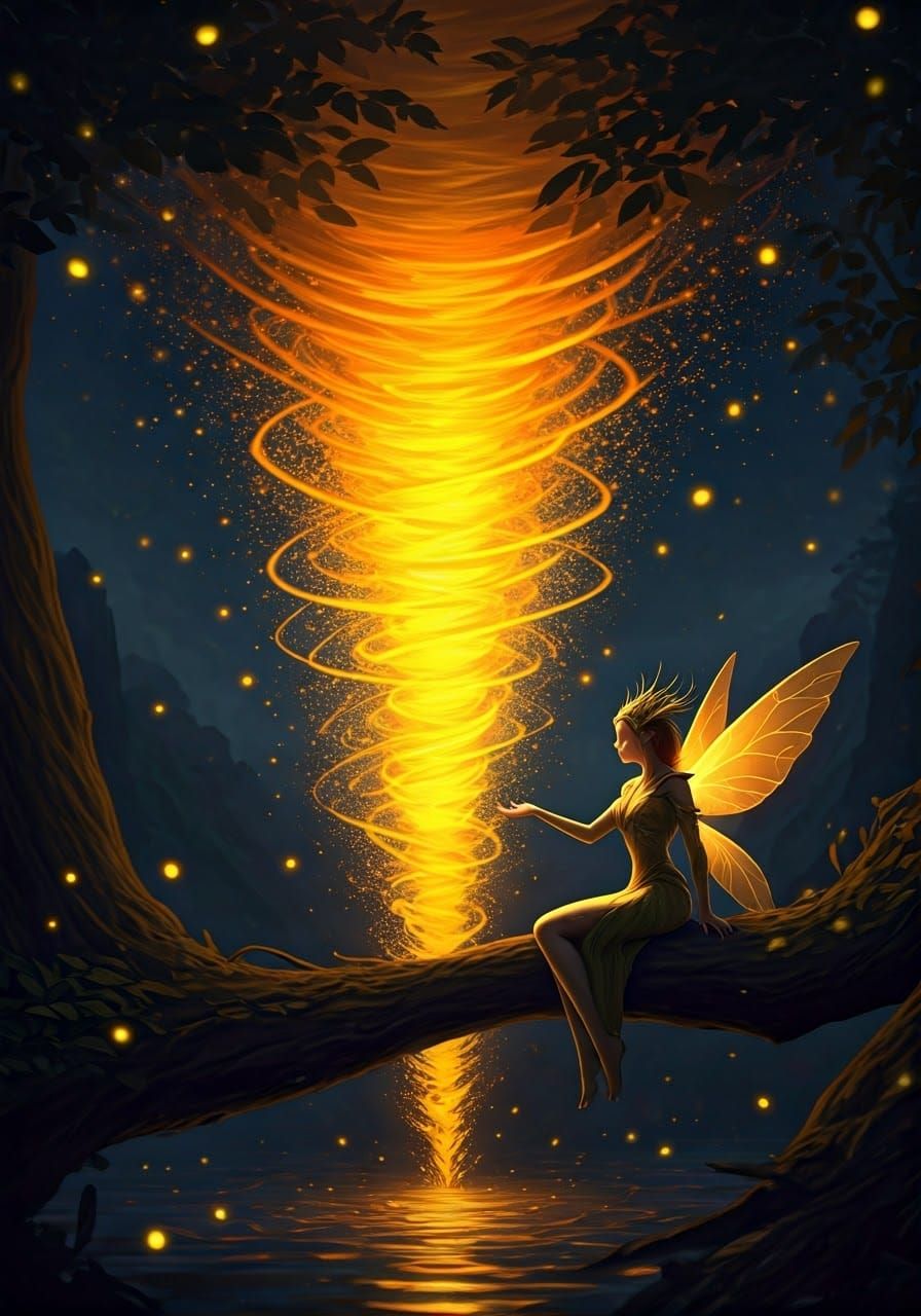 Fairy Queen Controls Firefly Tornado: Fantasy Art
