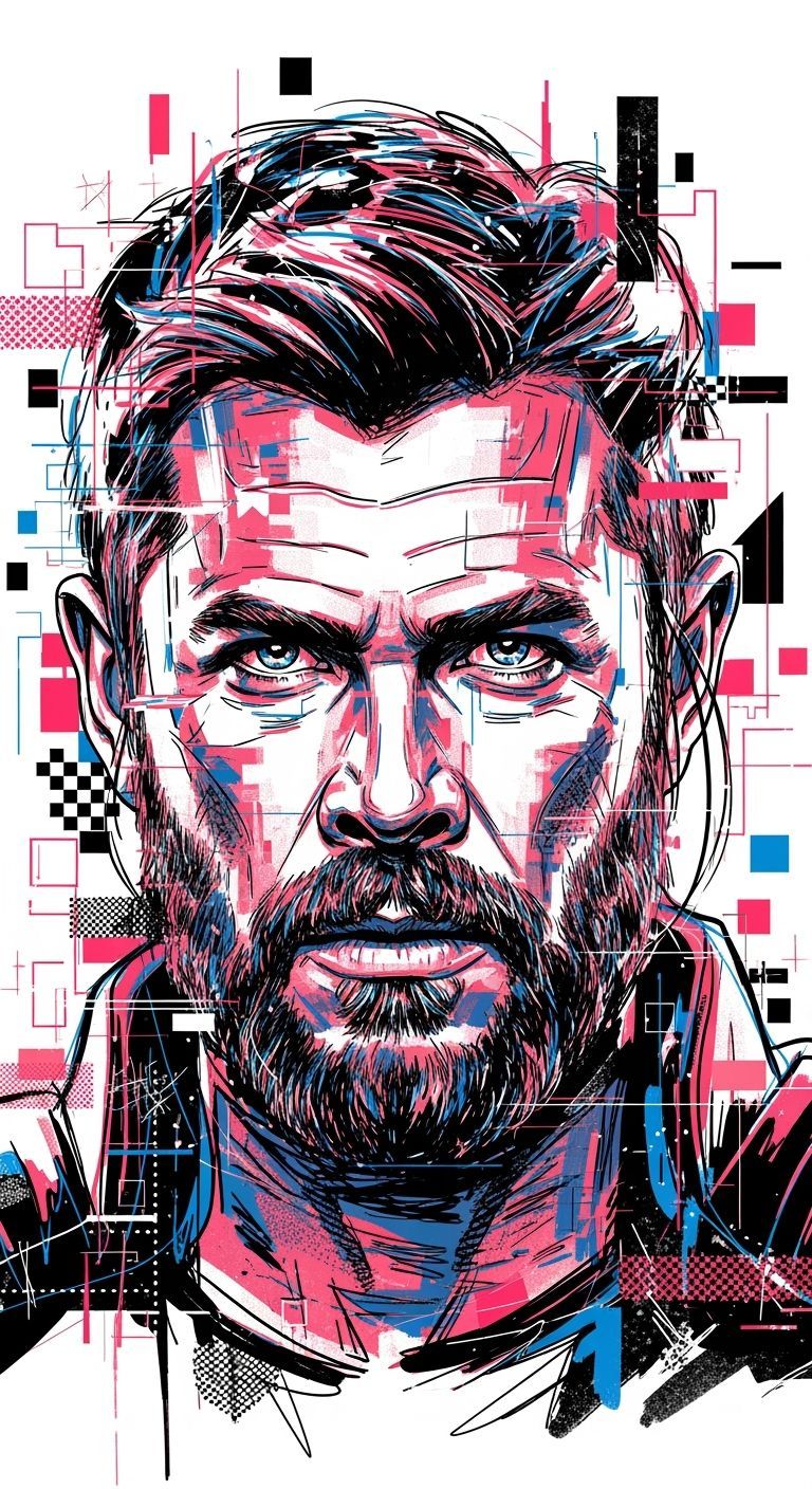 Glitch-Art Portrait of Thor in Cyberpunk Style