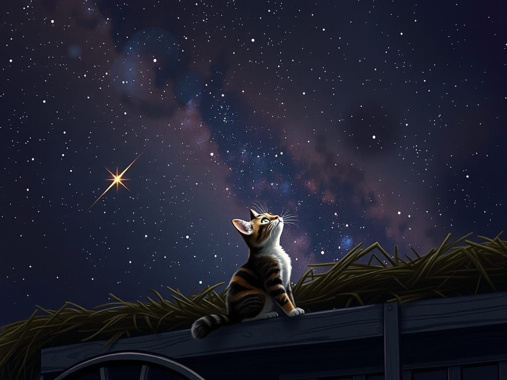 Cat looking up at the stars in a hay wagon