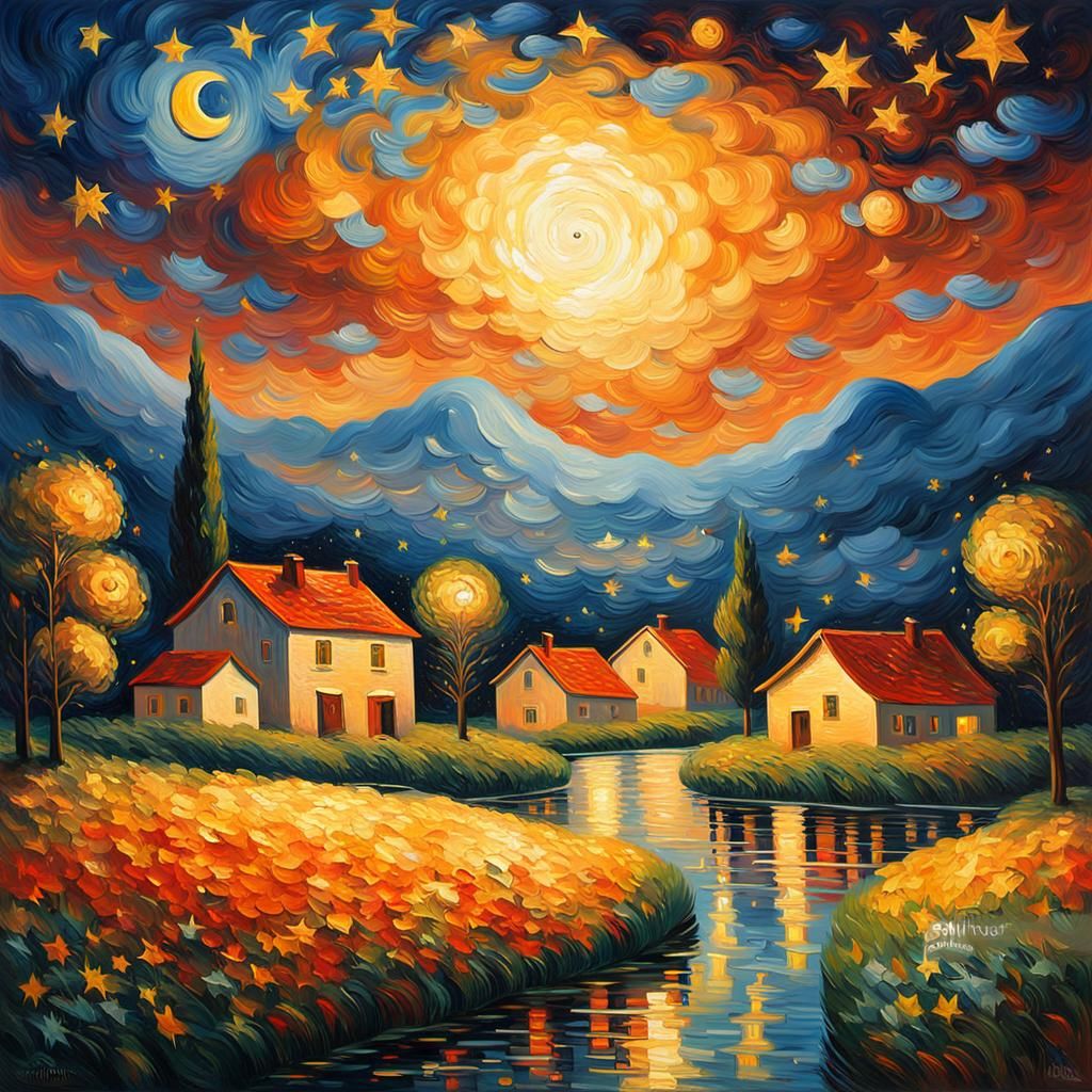 Village Under Swirling Starry Night: Expressionist Oil Paint...