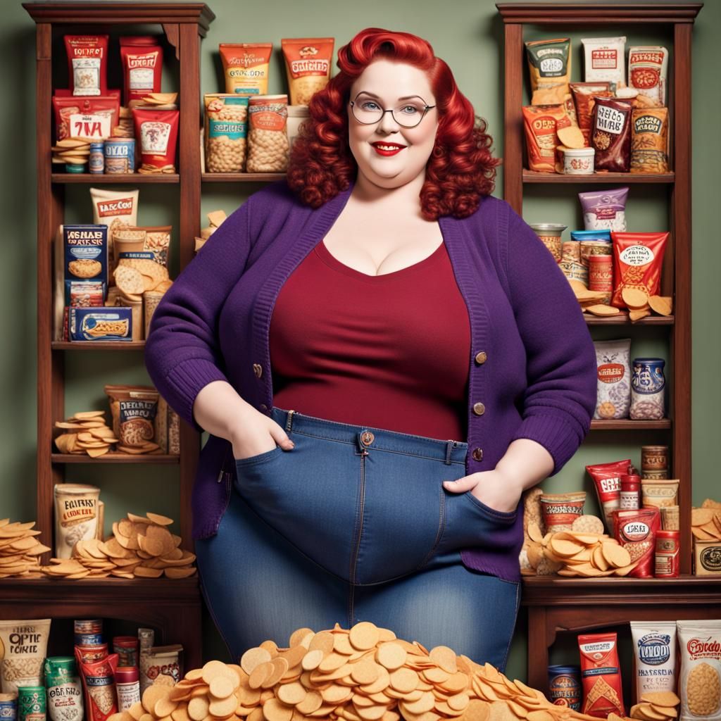 Plus Size Woman Poses with Chips, Digital Art