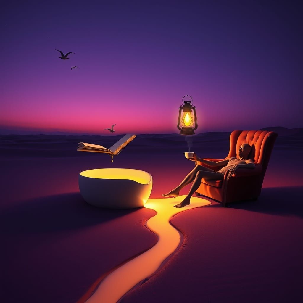 Surreal Dreamscape with Melting Teacup in Violet Twilight