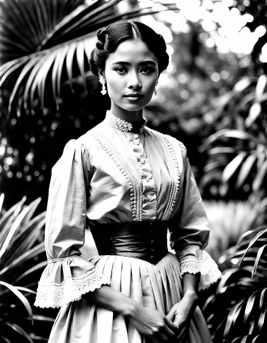 Indonesian Woman in Victorian Dress, Black and White Photo