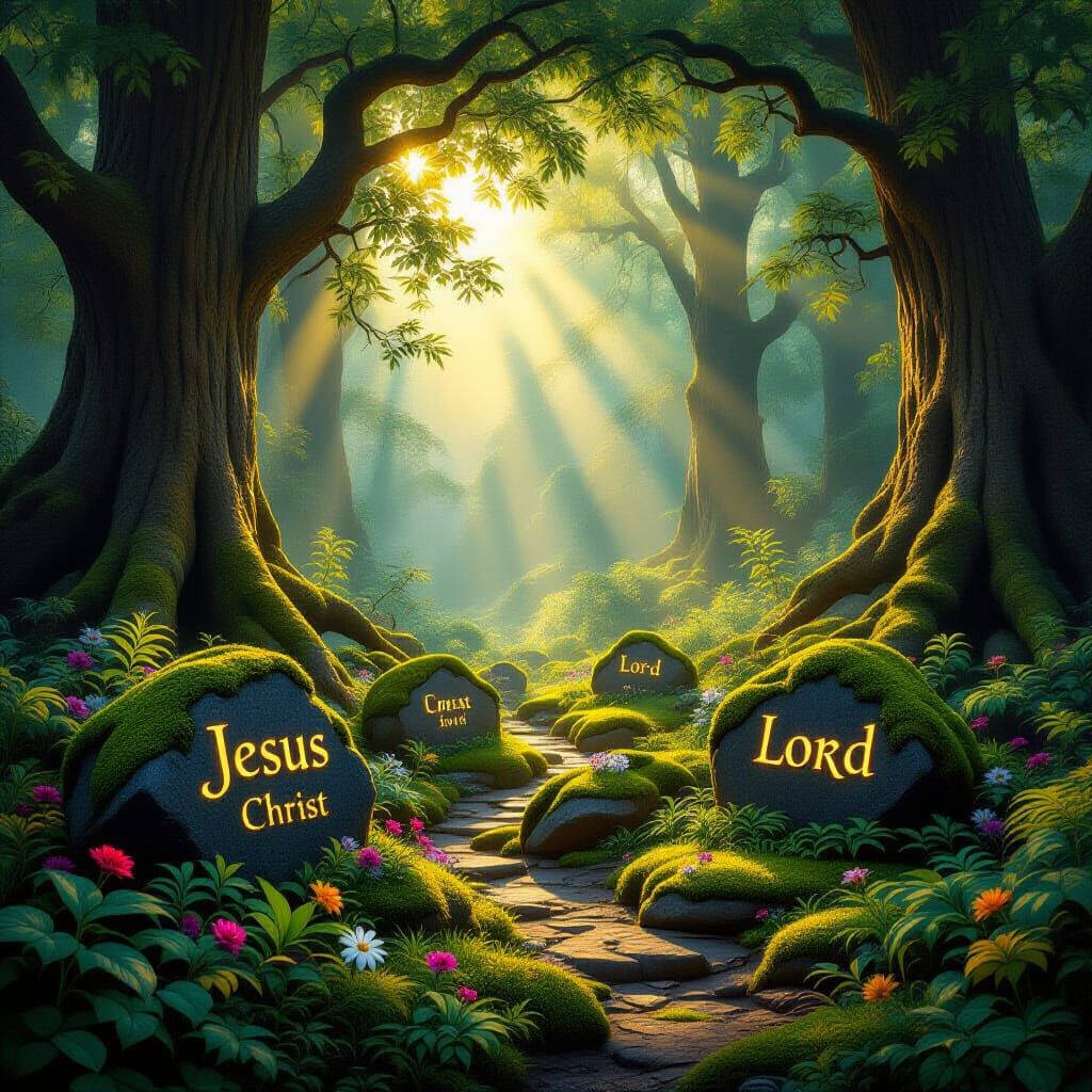 Enchanted Forest with Golden Hour Light and Inscribed Stones
