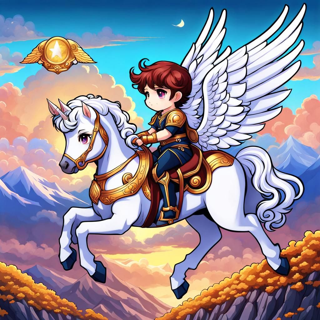 Chibi Bellerophon on Pegasus to Mount Olympus