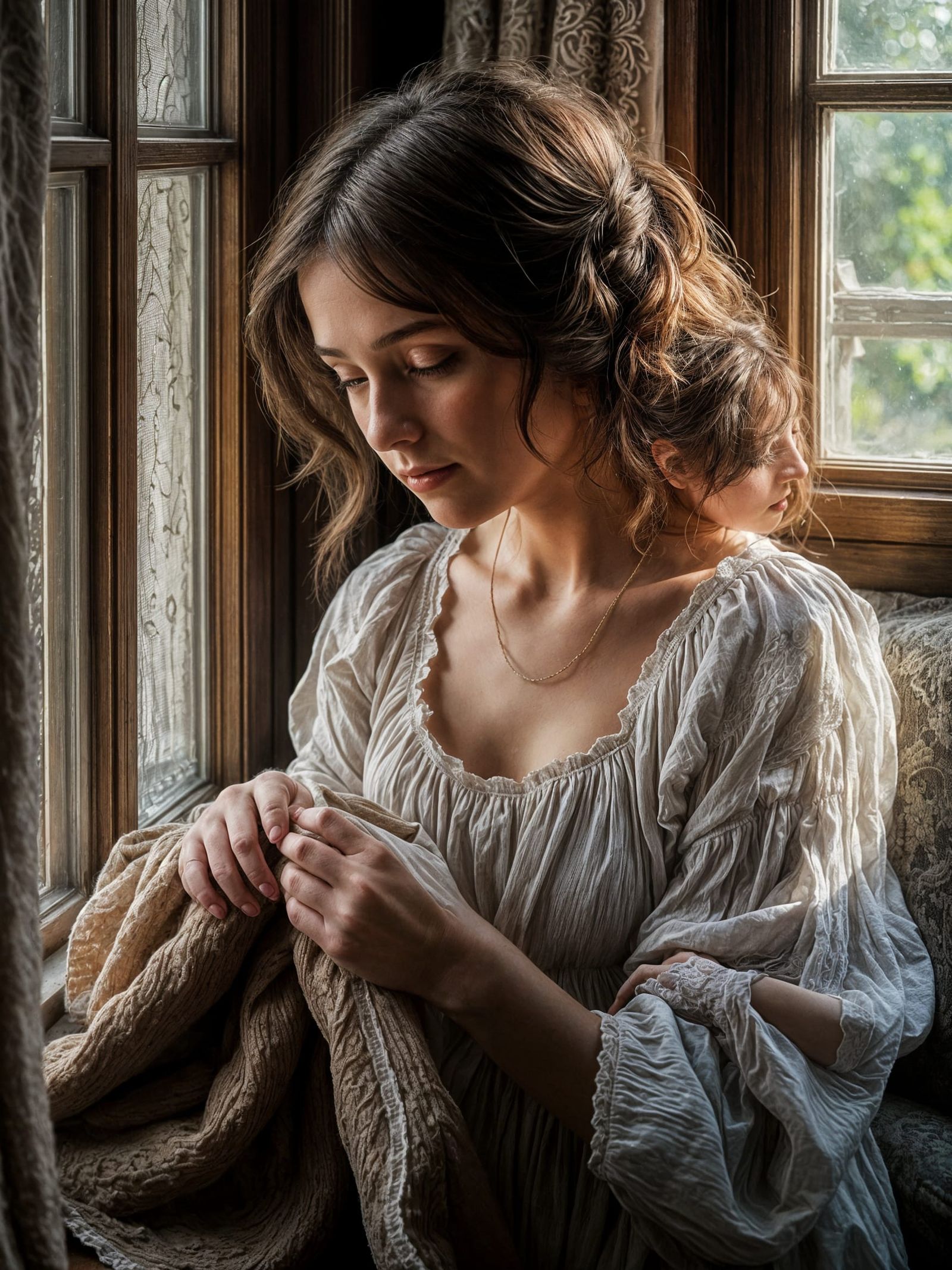 Woman Mending Blanket by Window in Romantic Style