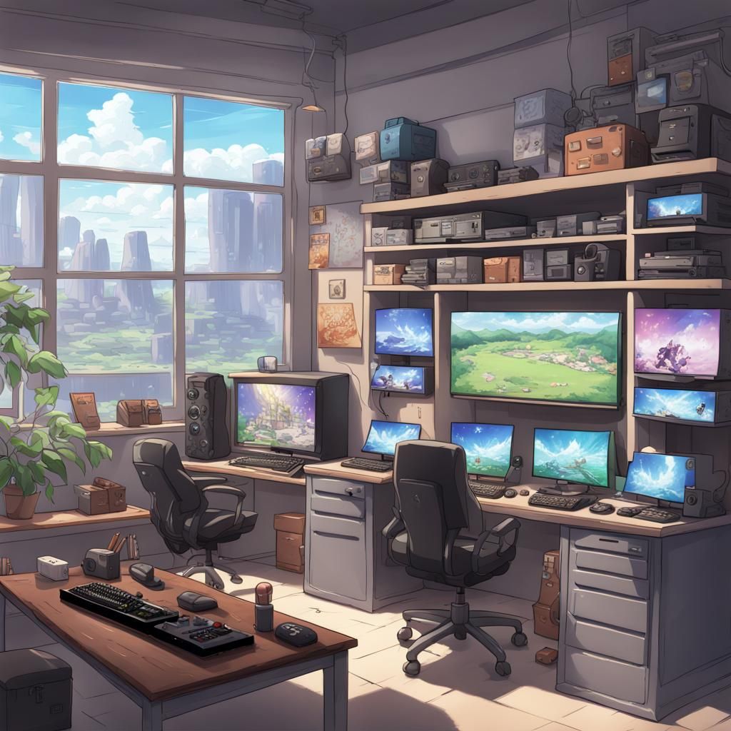 Anime Style Game Room with PCs and Consoles
