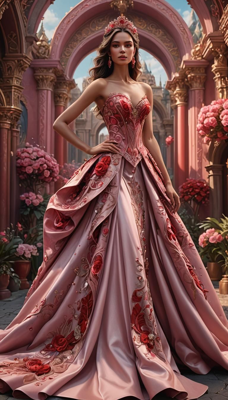 Regal Valentine Woman in Elaborate Pink Ballgown