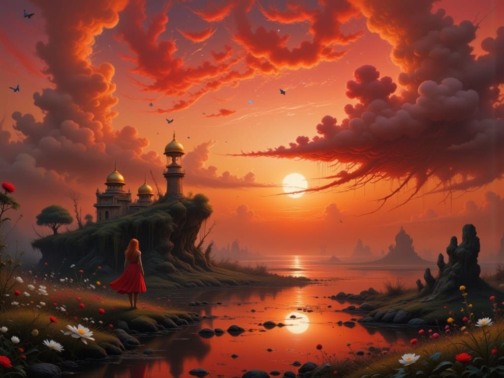Crimson Sunset Over Red Ocean With Marble Palace and Goddess