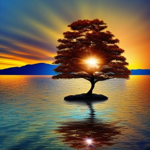 Golden Tree in Lake at Sunset