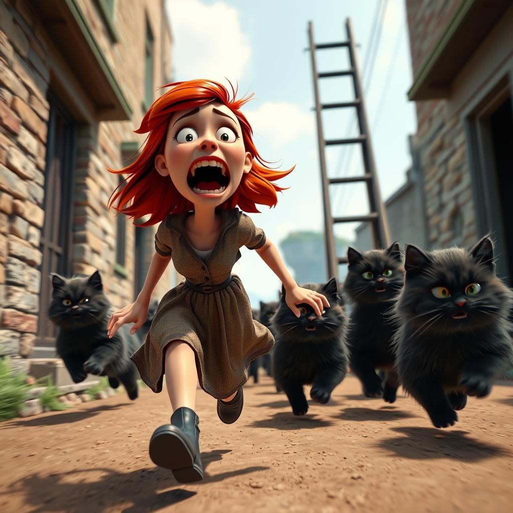 Cartoon Woman Fleeing Cats in Distorted Perspective