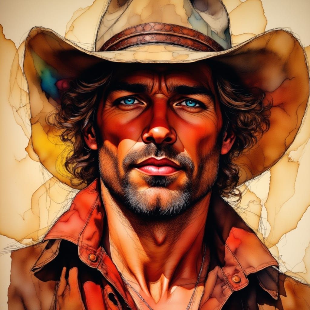Rugged Cowboy Portrait with Icy Blue Eyes in Alcohol Ink Sty...