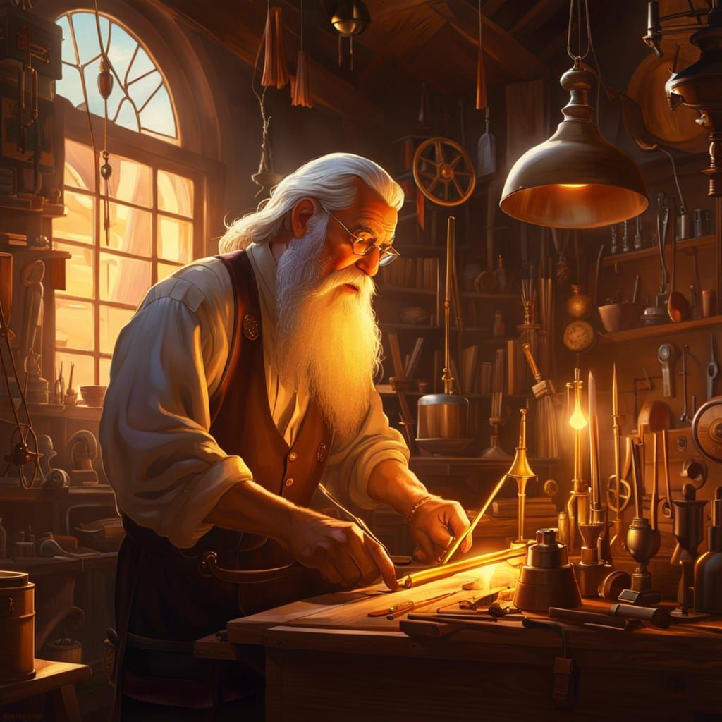 Luminous Old Craftsman in Workshop: Fantasy Concept Art