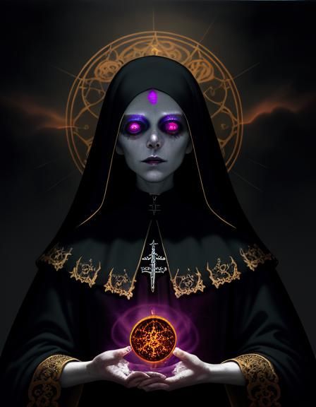 Creepy Witch Nun in Divine Light: Gothic Horror Art