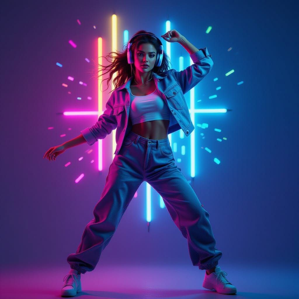1980s Dancer in Neon Light: Hyperrealistic Portrait
