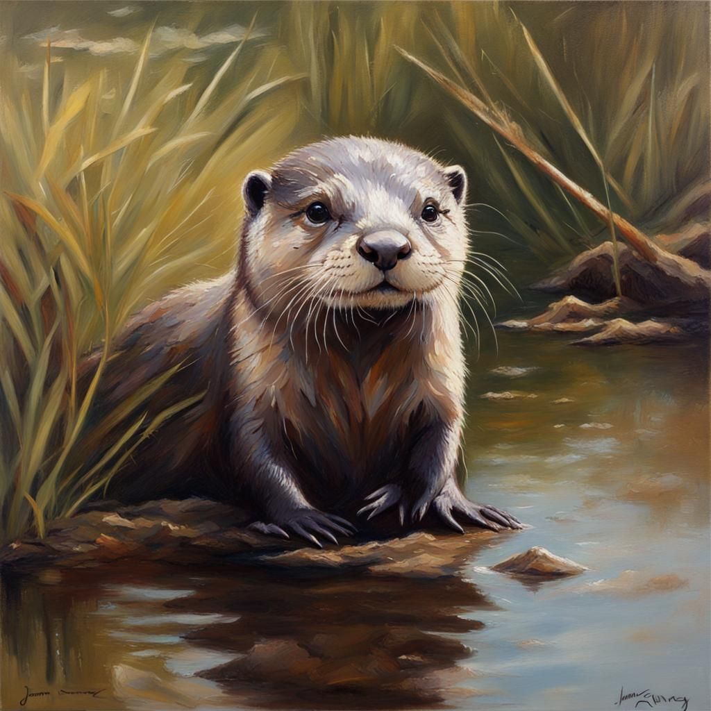 Charming Otter in Oil Painting Style