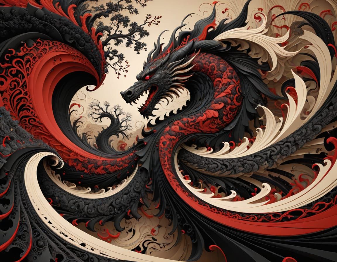 Ancient Battle with Red and Black Flourishes