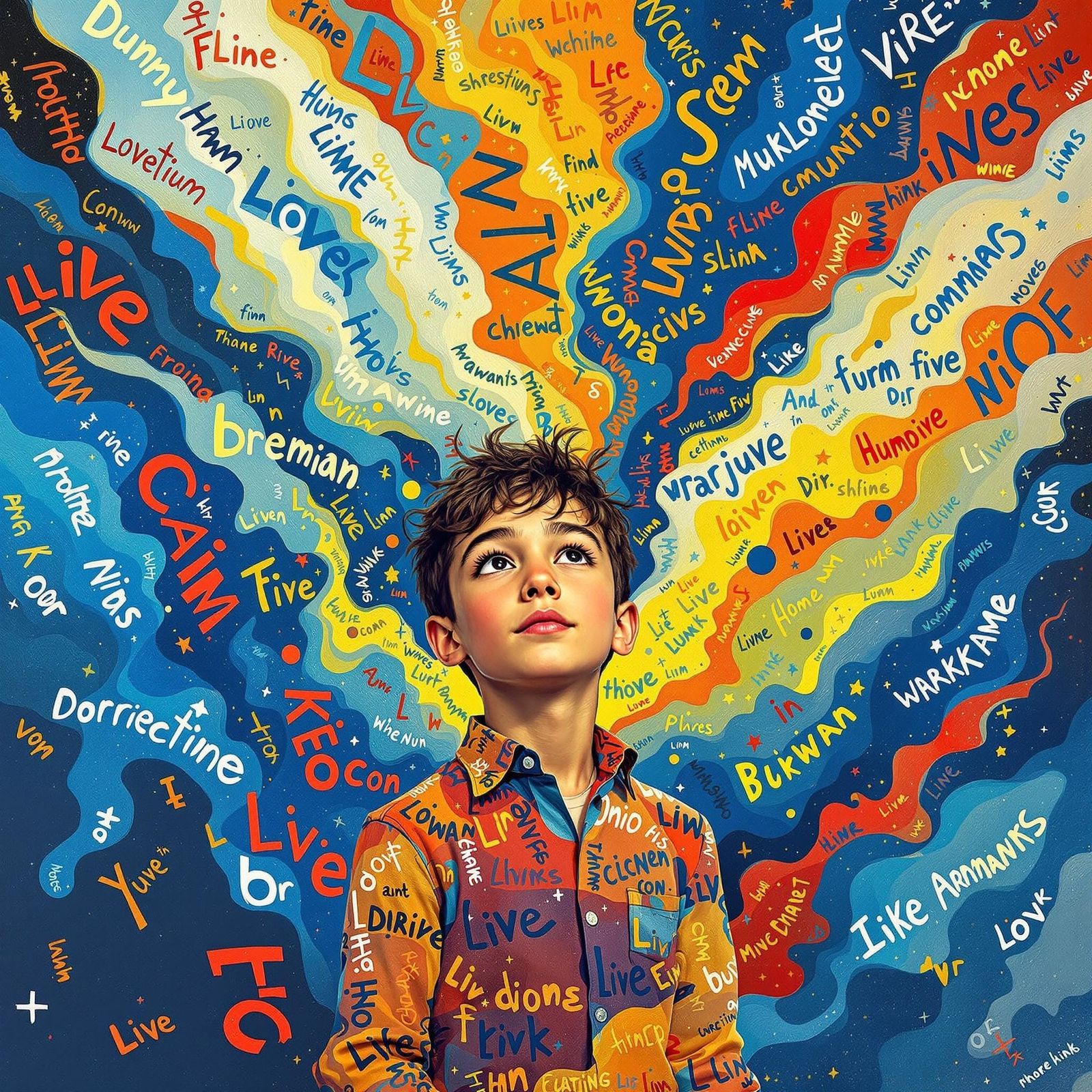 Boy Commands Abstract Words in Surreal Dreamscape