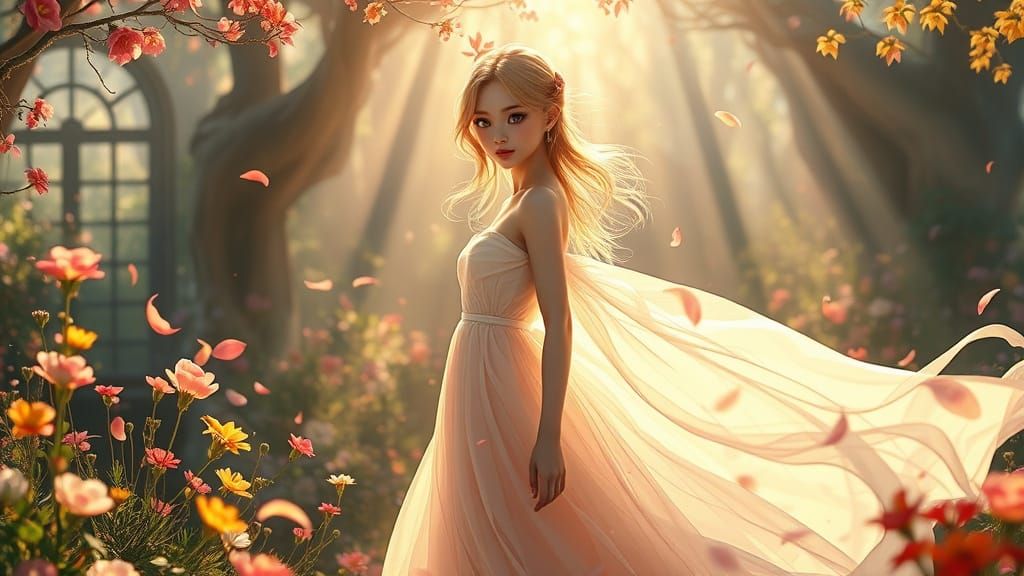 Ethereal Woman in Whimsical Garden: 3D Anime Art