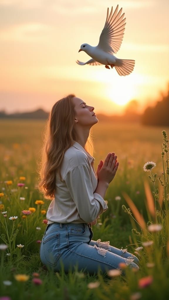 Woman Praying in Meadow at Sunrise