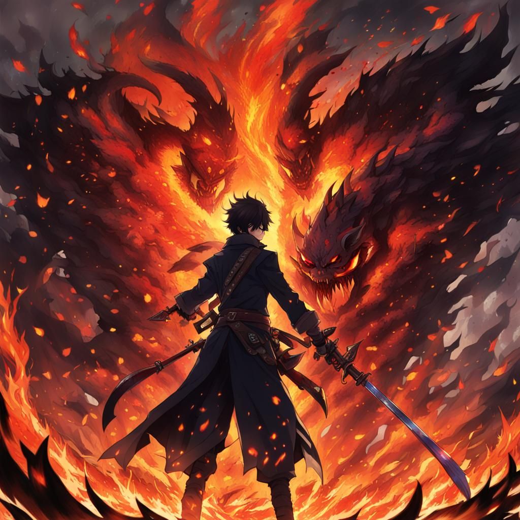 Shadow Figure Emerges from Flames with Demon